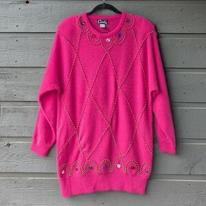 VTG 80s Cavalini Hot Pink Bedazzled Beaded Wool Mohair Tunic Sweater Size Large